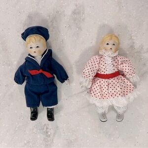 2 Vintage Russ Berrie Dolls Porcelain Sailor Boy & Girl in Polka Dot Dress